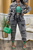 hulianfu Washed Denim Hippy Multi Pocket Pant Suit
