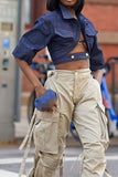 hulianfu Solid Color Denim Unusual Strappy Blouse
