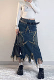 hulianfu Star Applique Tassel Chic Irregular Denim Skirt
