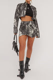 hulianfu Abstract Print Retro Zipper Irregular Skirt Suit