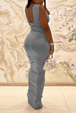 hulianfu Solid Color Elegant Ruched Bodycon Maxi Dress