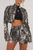 hulianfu Abstract Print Retro Zipper Irregular Skirt Suit