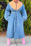 hulianfu Patchwork Feminine Belted Denim Trench Coat
