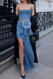 hulianfu 3D Flower Decor Romantic Side Train Denim Skirt Suit
