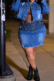 hulianfu Beaded Decor Elegant Ripped Denim Dress Suit