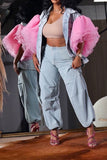 hulianfu Patchwork Tulle Ruffle Sleeve On-trend Denim Coat