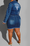 hulianfu Beaded Decor Elegant Ripped Denim Dress Suit