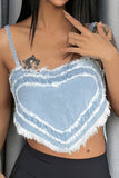 hulianfu Heart Pattern Sweet Tassel Crop Denim Vest