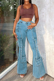 hulianfu Solid Color Classic Multi Pocket Bell Bottoms Jeans
