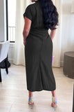 Solid Color Single Breasted On-trend Tie Front Ruched Denim Midi Dress