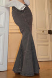 hulianfu Solid Color Elegant Fishtail Denim Skirt