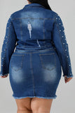 hulianfu Beaded Decor Elegant Ripped Denim Dress Suit