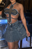 hulianfu Rivet Design Unique Irregular Denim Camisole
