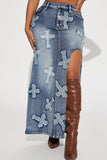 hulianfu Cross Applique On-trend High Split Washed Denim Dress Suit