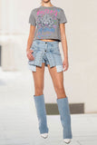 hulianfu Rivet Design Urban Irregular Denim Shorts