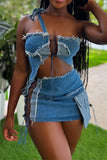 hulianfu Color Block Patchwork Denim Flirty Strappy Skirt Suit