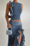 hulianfu Solid Color Girly Ruffles High Split Denim Dress Suit