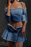 hulianfu Gradient Girly Off Shoulder Denim Blouse
