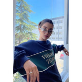 hulianfu Streetwear Sweatshirt Women Oversized Letter Print Pullovers Vintage Korean Patchwork Loose Casual All Match Hoodies Tops