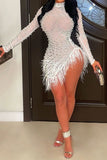 hulianfu Rhinestone & Beaded Decor Striking Tassel Irregular See-Through Mini Dress