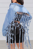 hulianfu Solid Color Stylish Tassels Denim Jacket