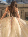 hulianfu  Fairy Ball Gown Princess Prom Dresses Off the Shoulder Sweetheart Floral Appliques Formal Party Dresses Tulle Long Evening Gowns