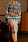hulianfu Washed Gradient Denim Cool Patchwork Overlay Skirt