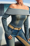 hulianfu Gradient Denim Stunning Off Shoulder Blouse