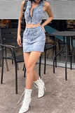 hulianfu Solid Color Modern Multi Pocket Denim Dress Suit