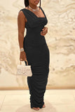 hulianfu Solid Color Elegant Ruched Bodycon Maxi Dress