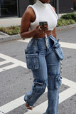 hulianfu Patchwork Modern Multi Pocket Washed Jeans