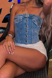 hulianfu Solid Color Simple Button Thru Denim Camisole