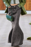 hulianfu Solid Color Elegant Fishtail Denim Skirt