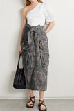 hulianfu Splash Ink Print Punk Multi Pocket Denim Skirt