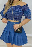hulianfu Off Shoulder Elegant Shirring Denim Dress Suit