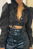 hulianfu Solid Color Unique Drawstring Denim Jacket