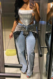 hulianfu Hit Color Patchwork Hippy Tassel Jeans
