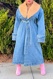 hulianfu Patchwork Feminine Belted Denim Trench Coat