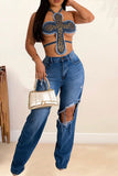 hulianfu Rivet Design Unique Irregular Denim Camisole