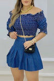 hulianfu Off Shoulder Elegant Shirring Denim Dress Suit