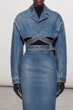 hulianfu Blue Denim Unique Criss Cross Strappy Jacket