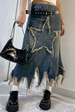 hulianfu Star Applique Tassel Chic Irregular Denim Skirt