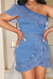 hulianfu Patchwork Ruffle Stunning Denim Camisole & Skirt