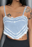 hulianfu Heart Pattern Sweet Tassel Crop Denim Vest