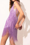 hulianfu Solid Color Rocking Tassel Backless Mini Dress