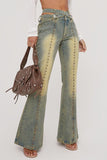hulianfu Rivet Design Rocking Micro Flared Washed Jeans