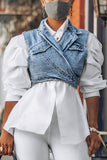 hulianfu Outstanding Puff Sleeve White Blouse & Adjustable Denim Gilet
