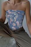hulianfu Floral Print Retro Button Thru Denim Camisole