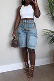hulianfu Gradient Casual Multi Pocket Denim Shorts