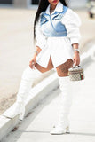 hulianfu Outstanding Puff Sleeve White Blouse & Adjustable Denim Gilet